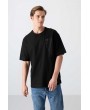 TOMMY LIFE Siyah Pamuklu Kalın Yüzeyi Dokulu Oversize Fit Baskılı Erkek T-Shirt - 88338